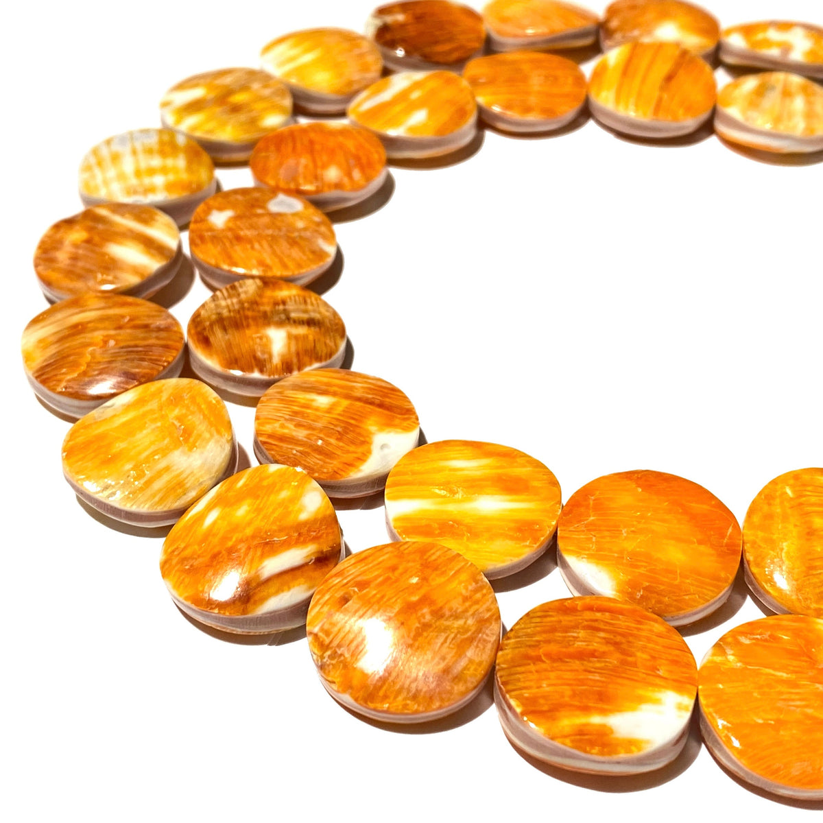 Sunset-Orange Spiny Oyster Shell Beads From Mexico (Doublet - Crafted From 2 Raw Shells to Form One Bead) Smooth Coin 20mm