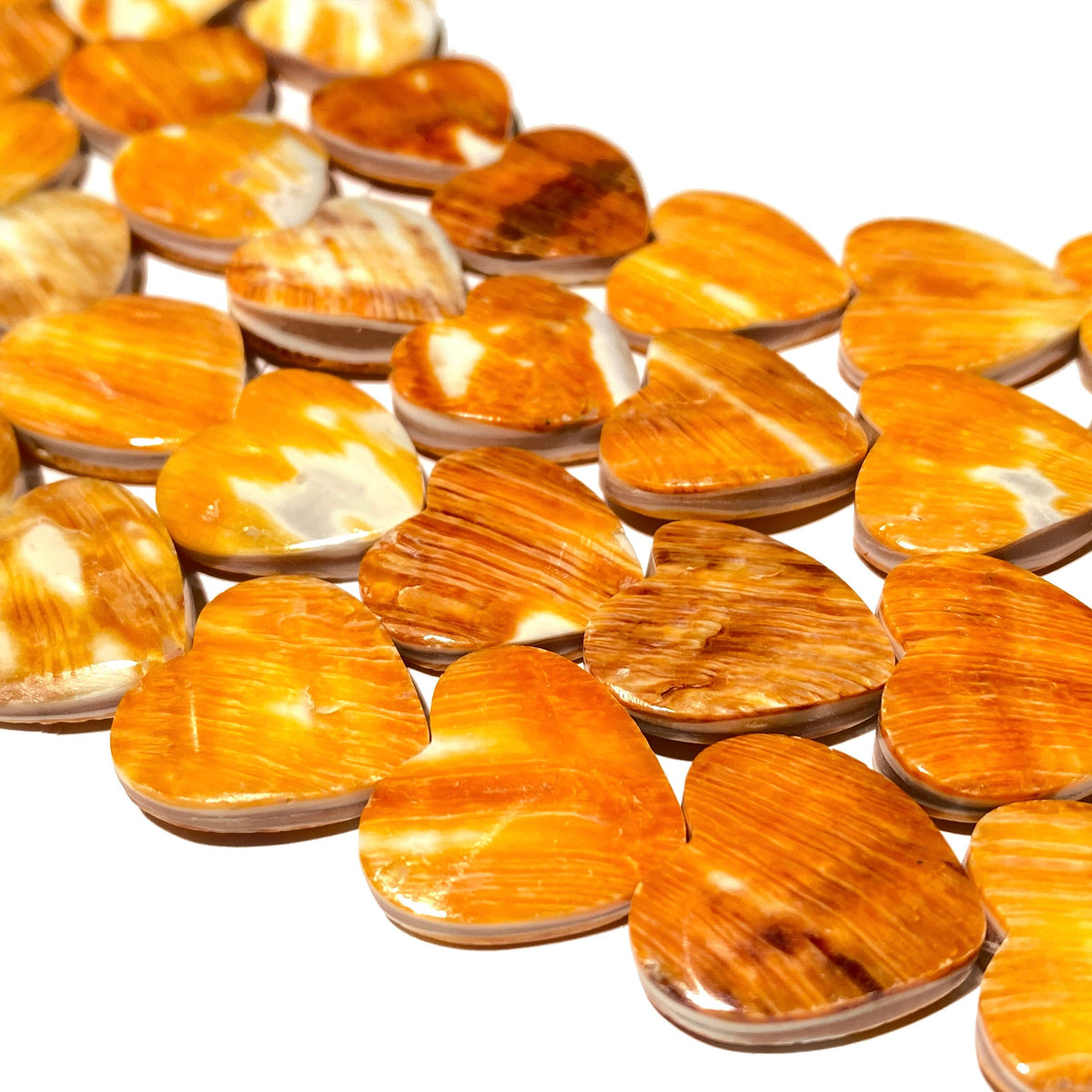 Sunset-Orange Spiny Oyster Shell Beads From Mexico (Doublet - Crafted From 2 Raw Shells to Form One Bead) Smooth Heart 20mm