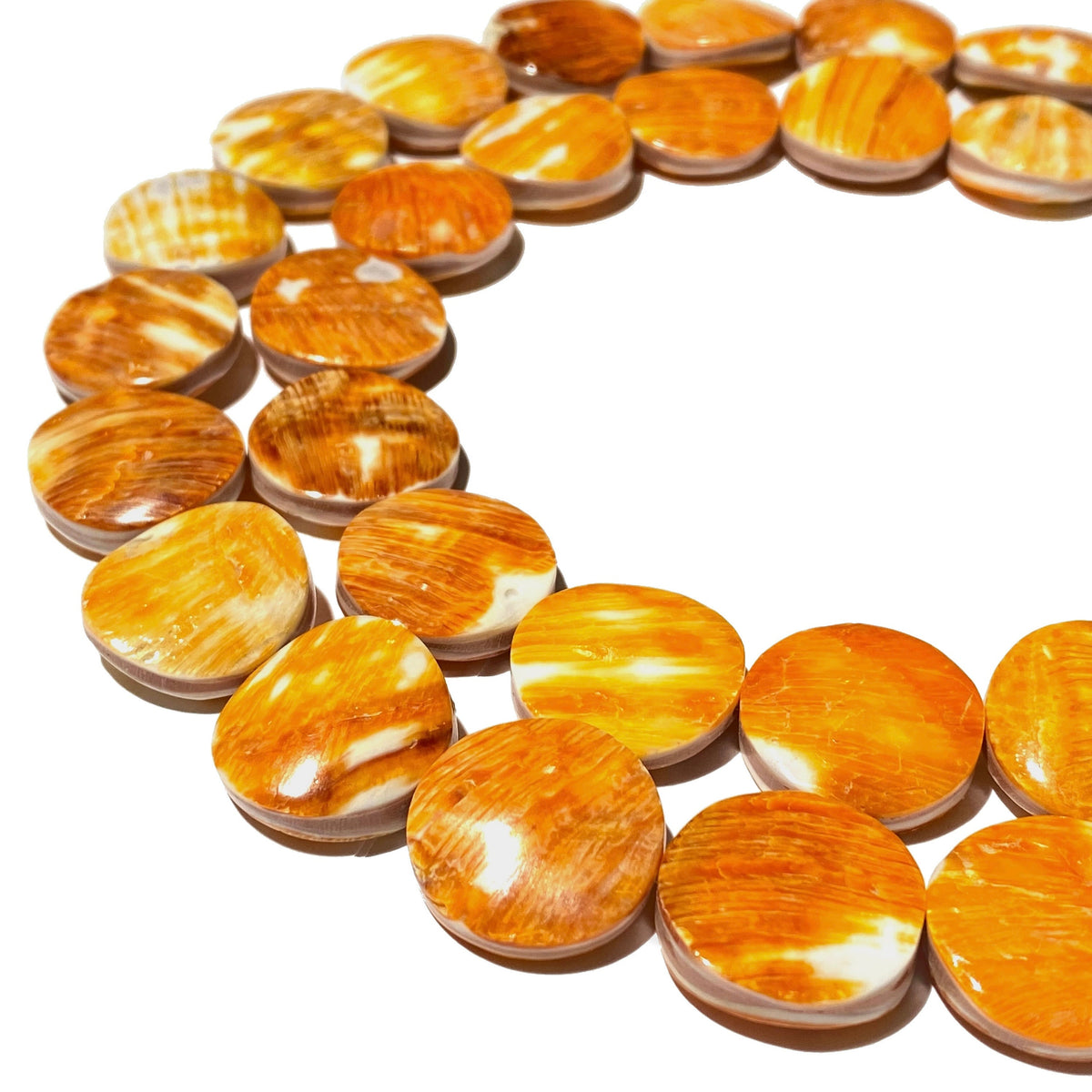 Sunset-Orange Spiny Oyster Shell Beads From Mexico (Doublet - Crafted From 2 Raw Shells to Form One Bead) Smooth Coin 20mm