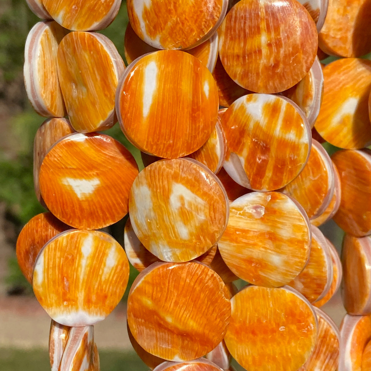 Sunset-Orange Spiny Oyster Shell Beads From Mexico (Doublet - Crafted From 2 Raw Shells to Form One Bead) Smooth Coin 20mm
