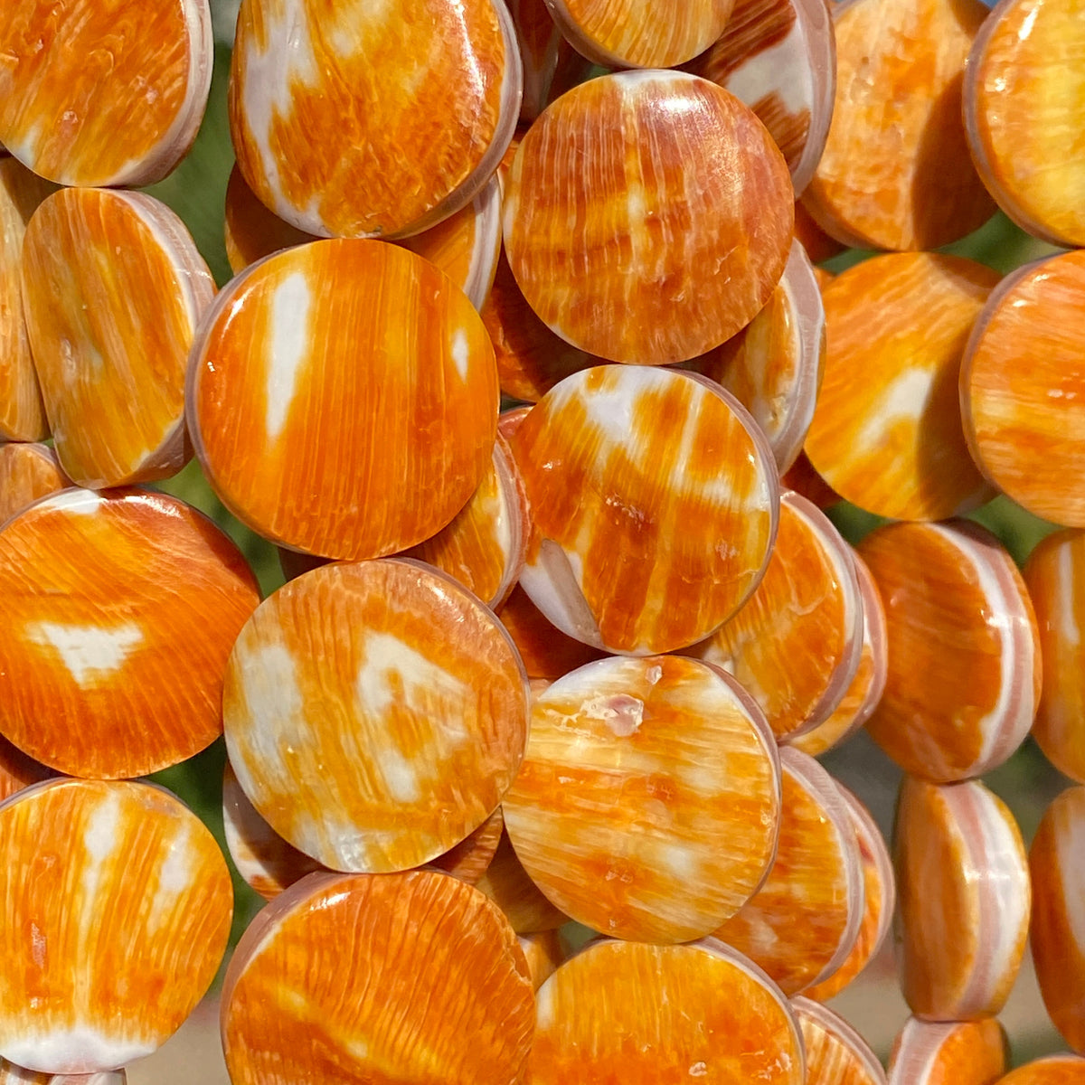 Sunset-Orange Spiny Oyster Shell Beads From Mexico (Doublet - Crafted From 2 Raw Shells to Form One Bead) Smooth Coin 20mm