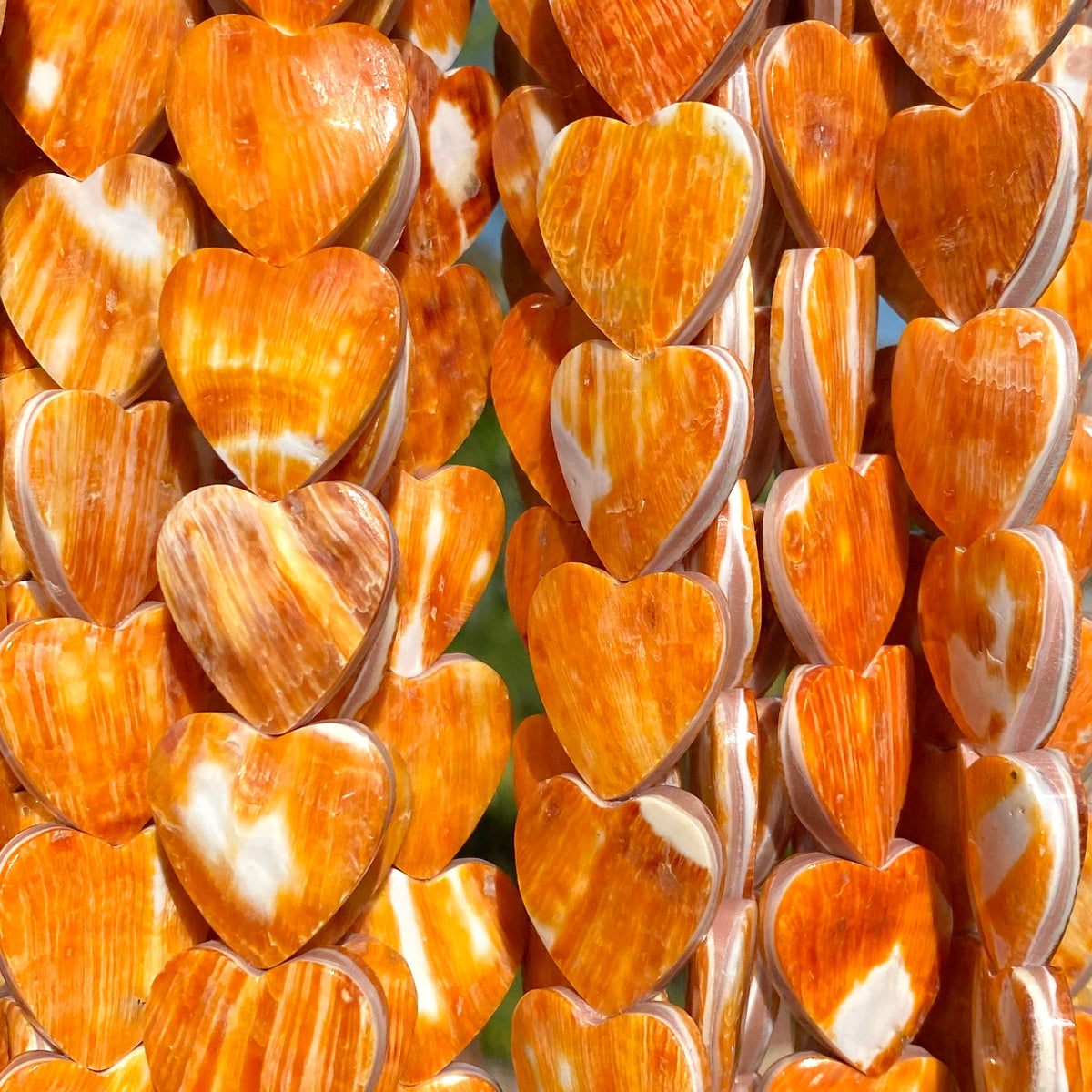 Sunset-Orange Spiny Oyster Shell Beads From Mexico (Doublet - Crafted From 2 Raw Shells to Form One Bead) Smooth Heart 20mm