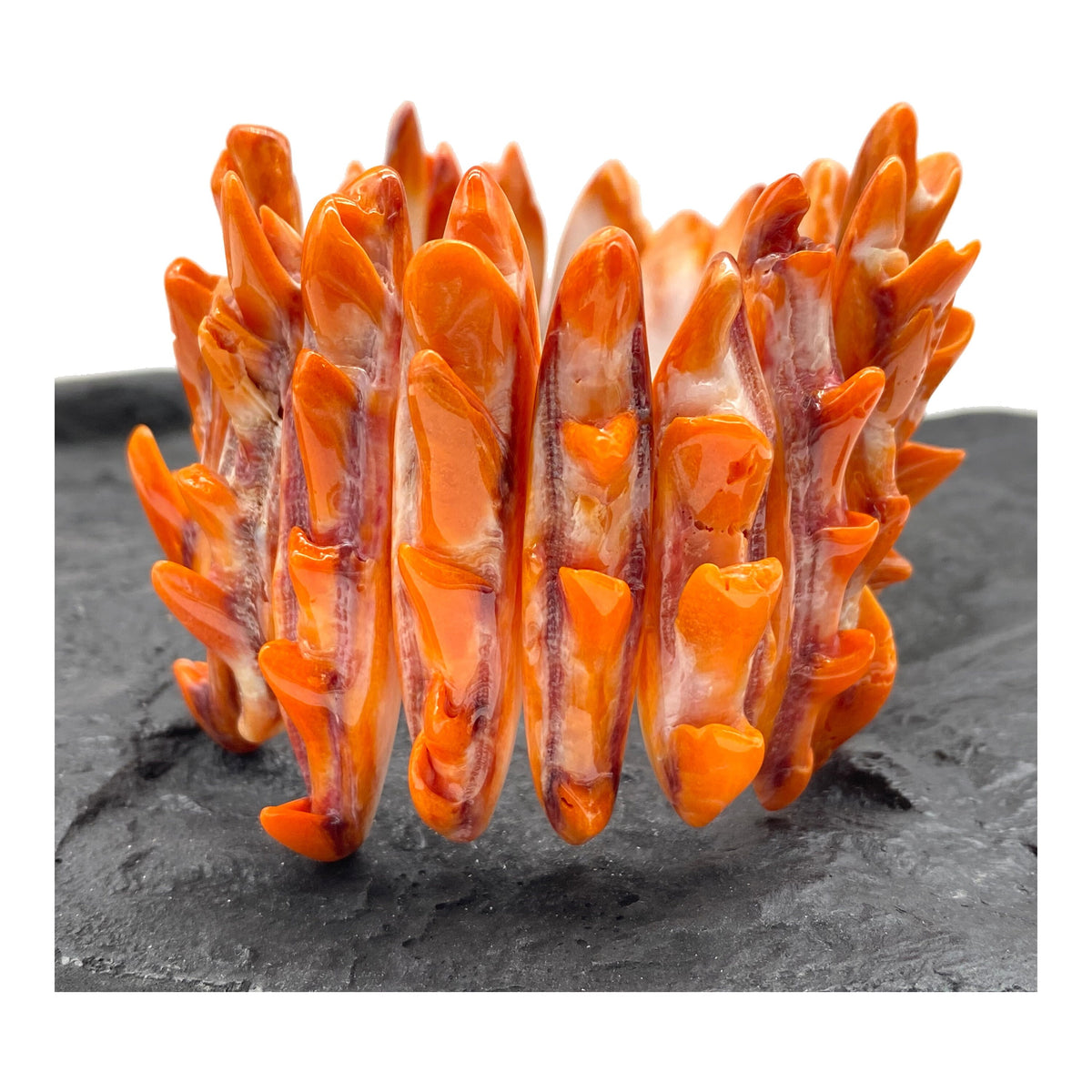 WOW Orange Spiny Oyster Shell Beads Bracelet Mexico - 100% Natural - Never Dyed or Color Enhanced - Double-Drilled Elastic 7"