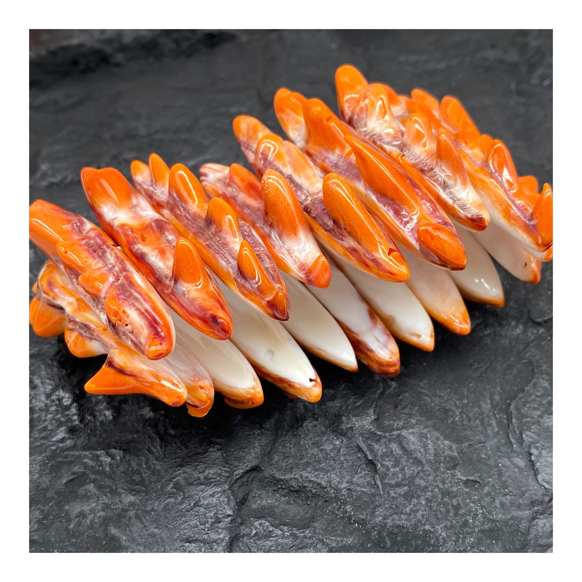 WOW Orange Spiny Oyster Shell Beads Bracelet Mexico - 100% Natural - Never Dyed or Color Enhanced - Double-Drilled Elastic 7"