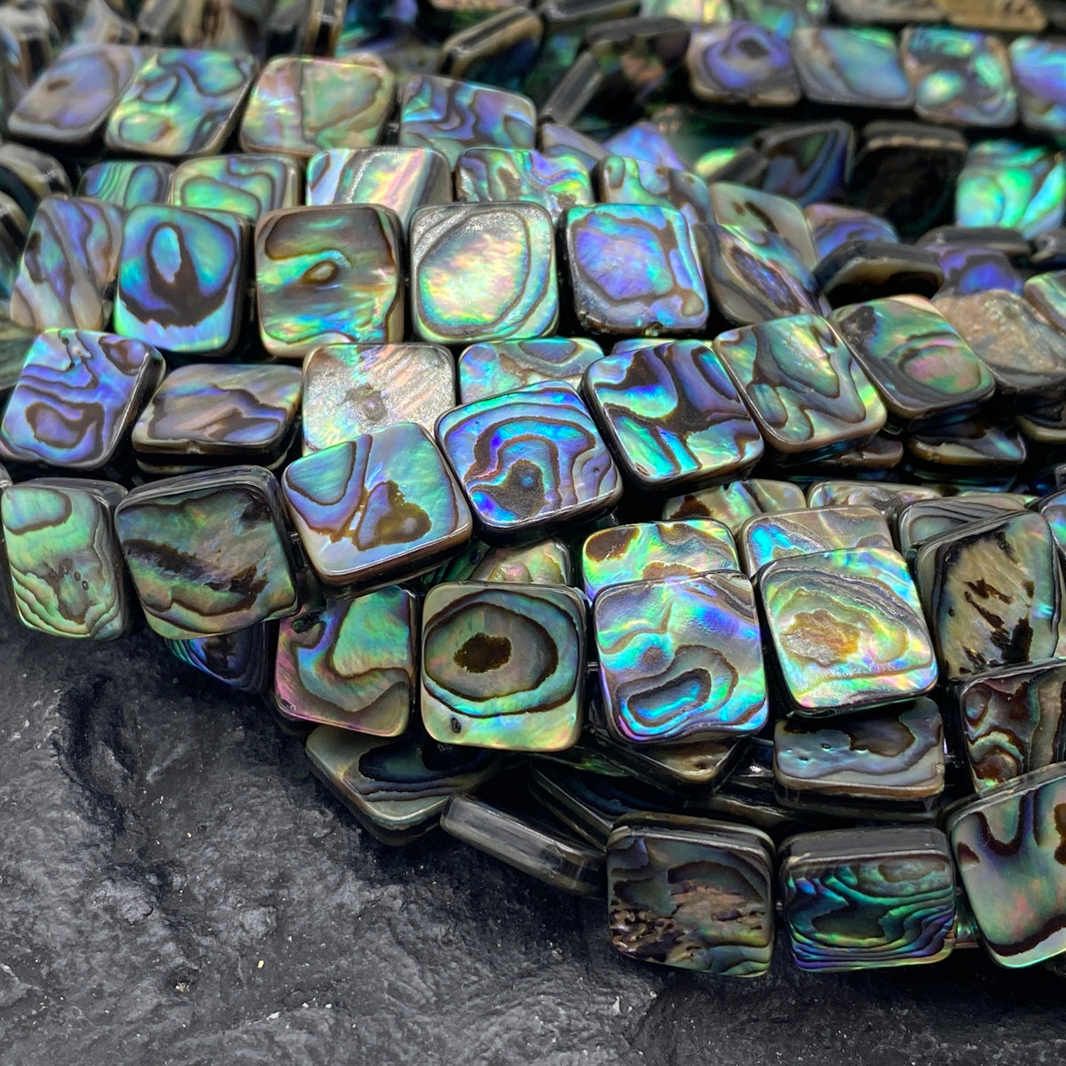 New Zealand Abalone Paua Shell Beads (Thicker Nacre & Darkest Iridescent Matrix)  Gigantic Mature Shell Cut- Mirror Finished- Flat Square