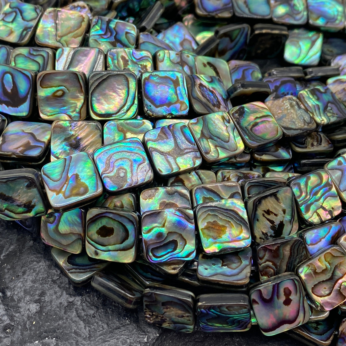 New Zealand Abalone Paua Shell Beads (Thicker Nacre & Darkest Iridescent Matrix)  Gigantic Mature Shell Cut- Mirror Finished- Flat Square