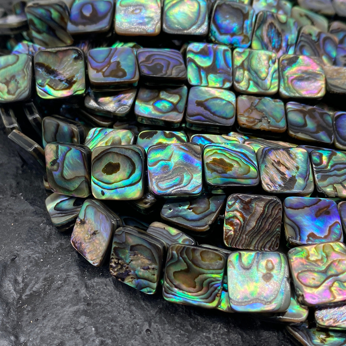 New Zealand Abalone Paua Shell Beads (Thicker Nacre & Darkest Iridescent Matrix)  Gigantic Mature Shell Cut- Mirror Finished- Flat Square