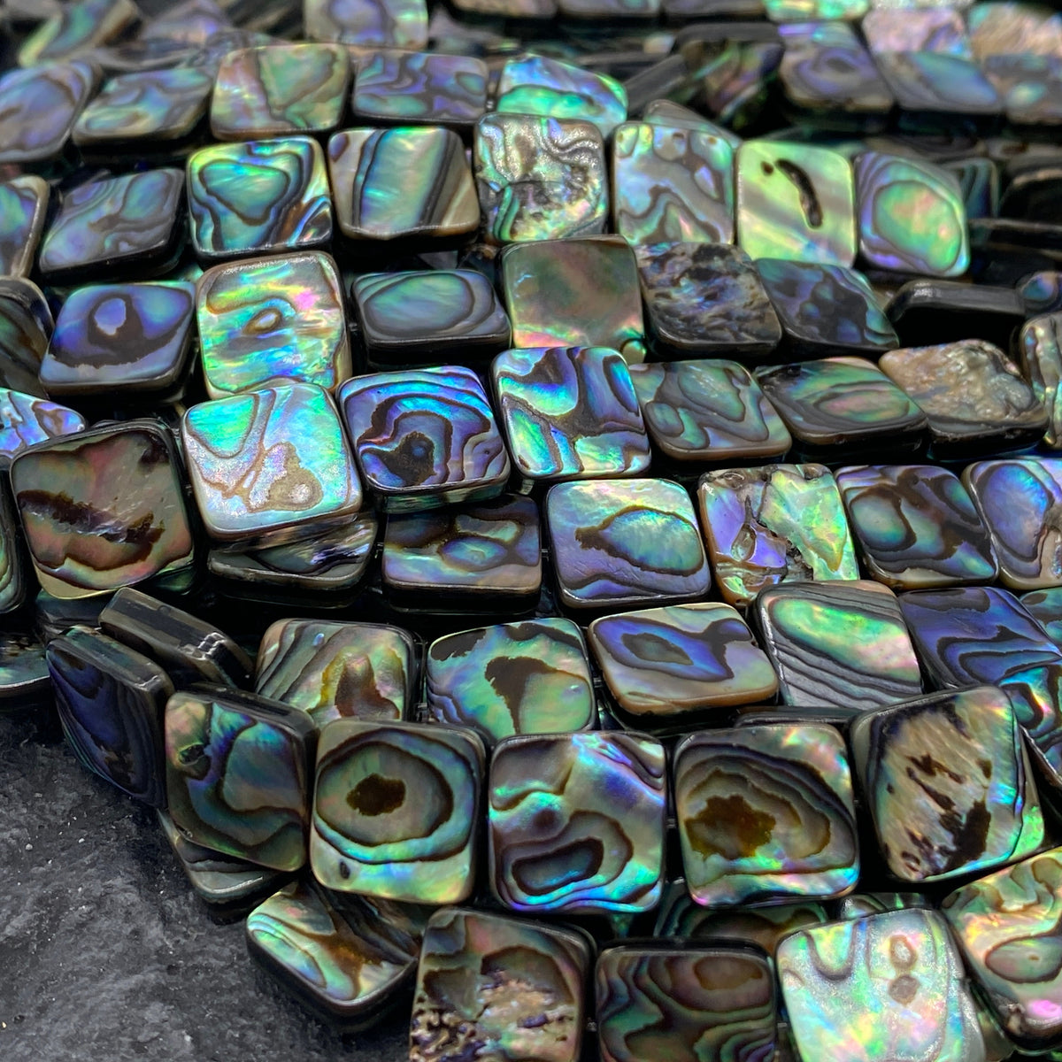 New Zealand Abalone Paua Shell Beads (Thicker Nacre & Darkest Iridescent Matrix)  Gigantic Mature Shell Cut- Mirror Finished- Flat Square