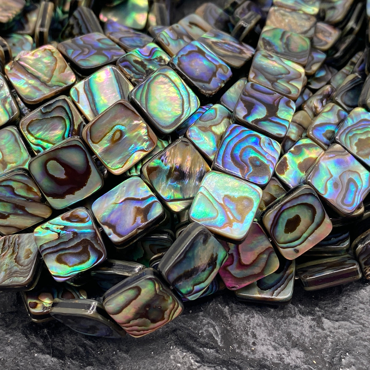 New Zealand Abalone Paua Shell Beads (Thicker Nacre & Darkest Iridescent Matrix)  Gigantic Mature Shell Cut- Mirror Finished- Flat Square