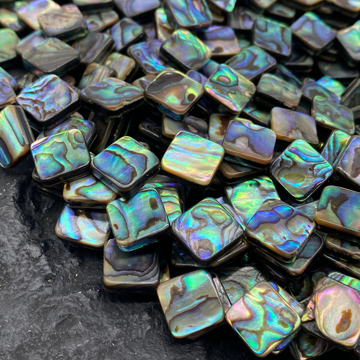 New Zealand Abalone Paua Shell Beads (Thicker Nacre & Much Darker Iridescent Matrix Than Traditional Chinese Abalone) Doublet Flat Diamond