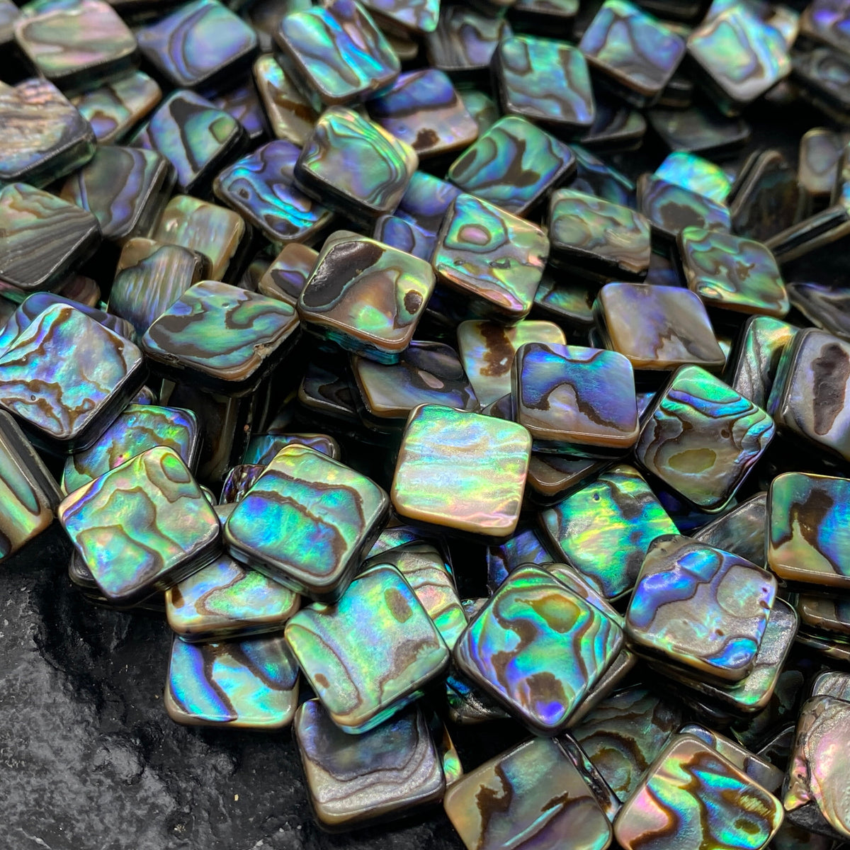 New Zealand Abalone Paua Shell Beads (Thicker Nacre & Much Darker Iridescent Matrix Than Traditional Chinese Abalone) Doublet Flat Diamond