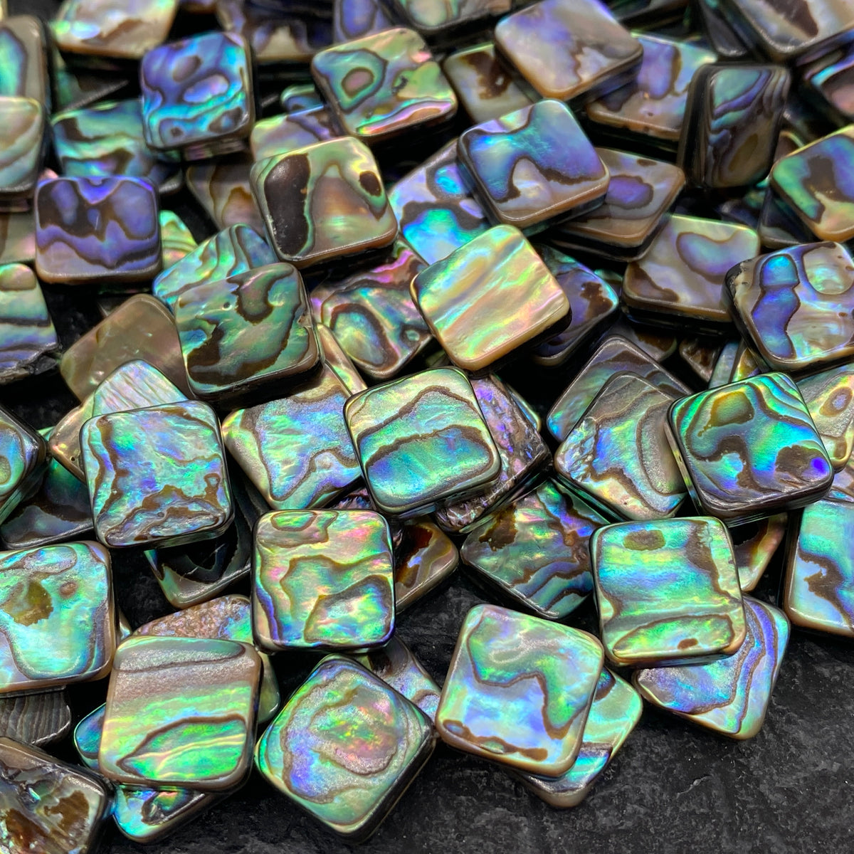 New Zealand Abalone Paua Shell Beads (Thicker Nacre & Much Darker Iridescent Matrix Than Traditional Chinese Abalone) Doublet Flat Diamond