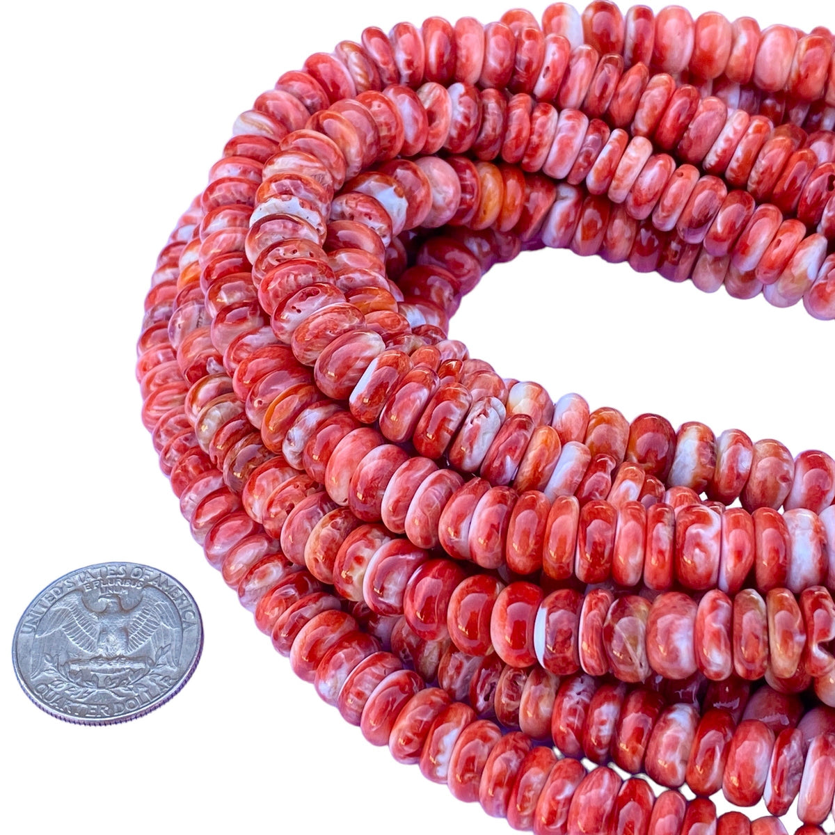 Red Spiny Oyster Shell Beads Mexico 100% Natural - Never Dyed or Color Enhanced - Native American Style - Round Edges - Smooth Rondelle 10mm