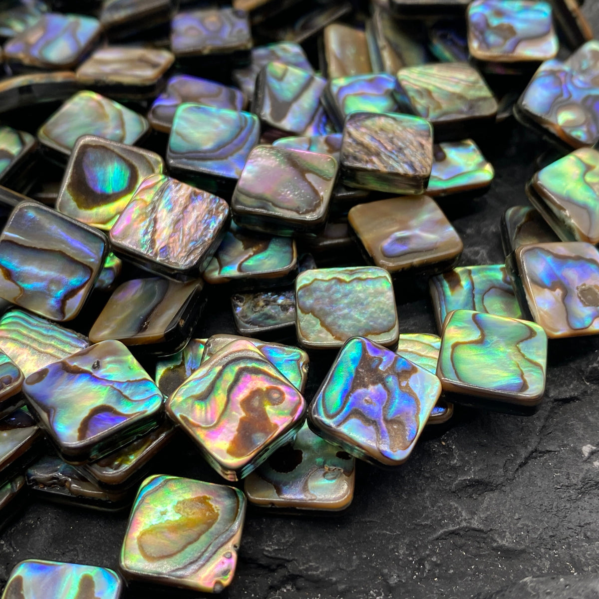 New Zealand Abalone Paua Shell Beads (Thicker Nacre & Much Darker Iridescent Matrix Than Traditional Chinese Abalone) Doublet Flat Diamond