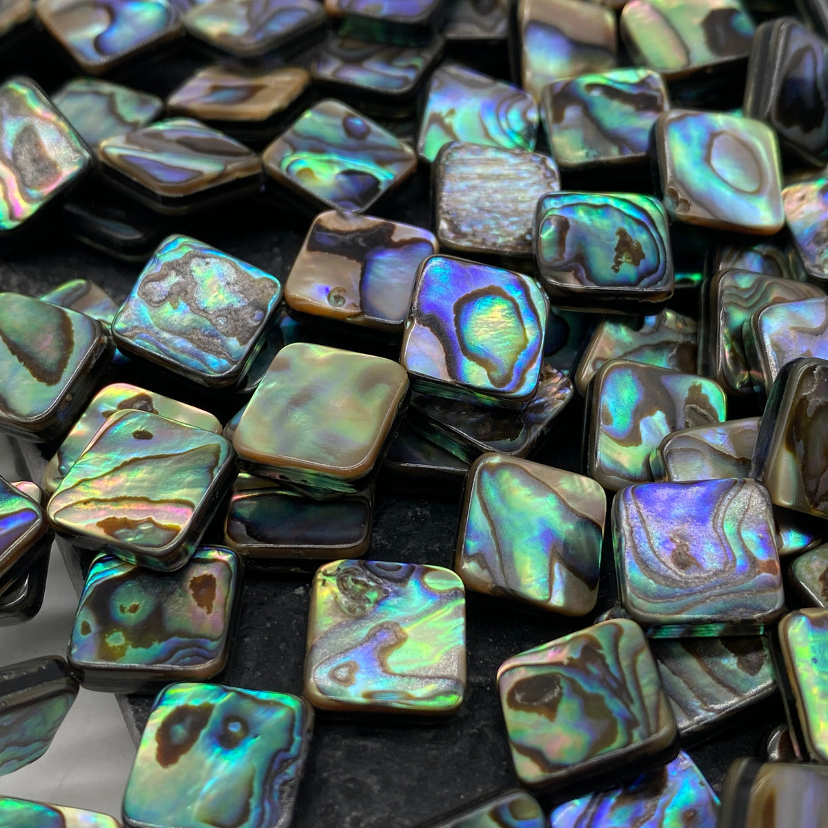New Zealand Abalone Paua Shell Beads (Thicker Nacre & Much Darker Iridescent Matrix Than Traditional Chinese Abalone) Doublet Flat Diamond