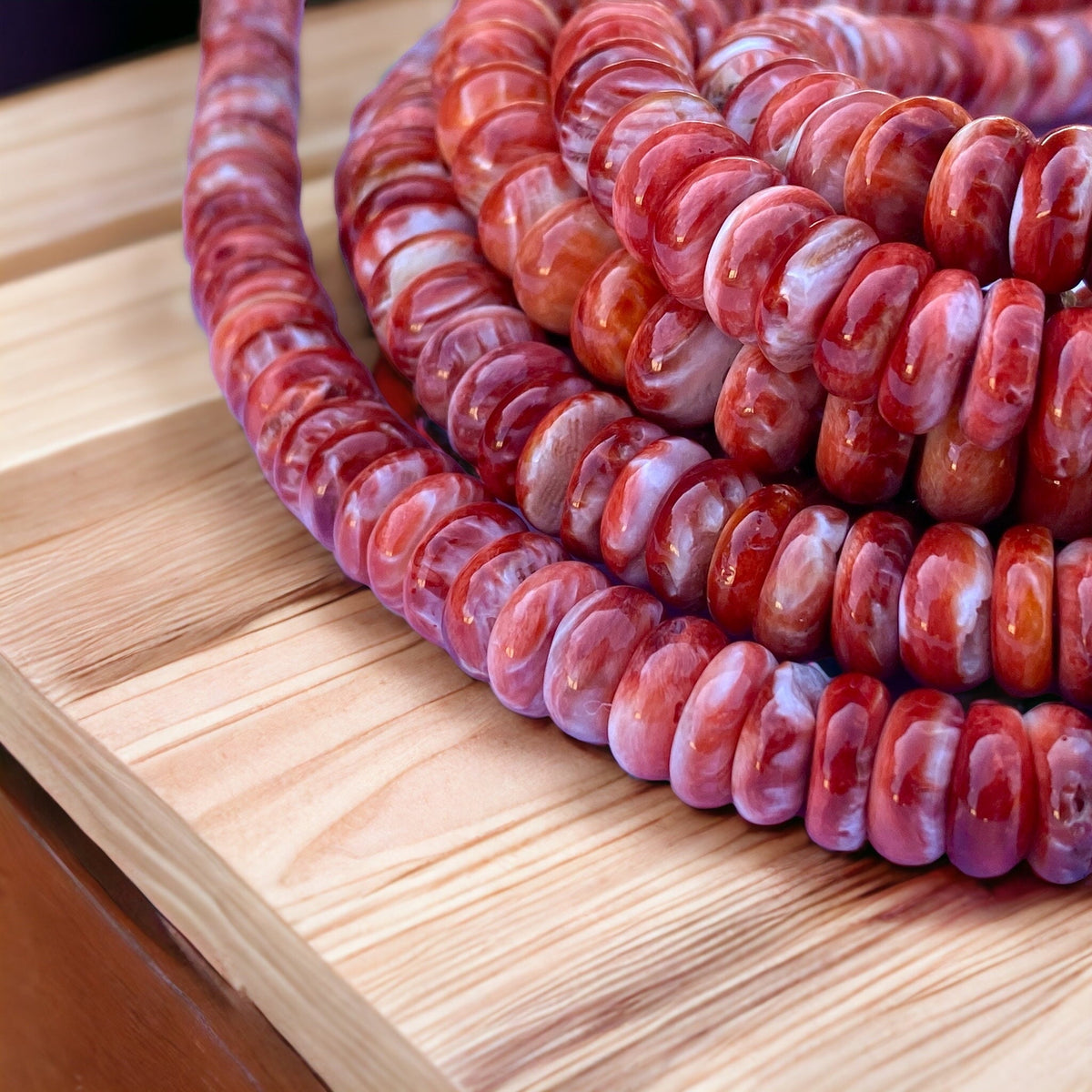 Red Spiny Oyster Shell Beads Mexico 100% Natural - Never Dyed or Color Enhanced - Native American Style - Round Edges - Smooth Rondelle 10mm