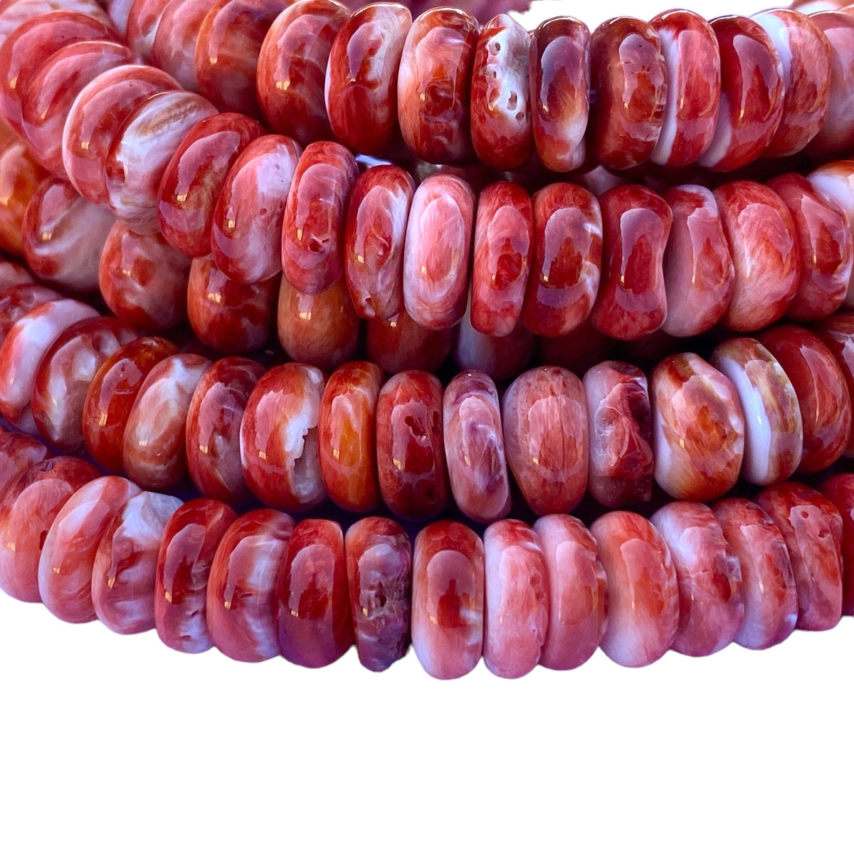 Red Spiny Oyster Shell Beads Mexico 100% Natural - Never Dyed or Color Enhanced - Native American Style - Round Edges - Smooth Rondelle 10mm