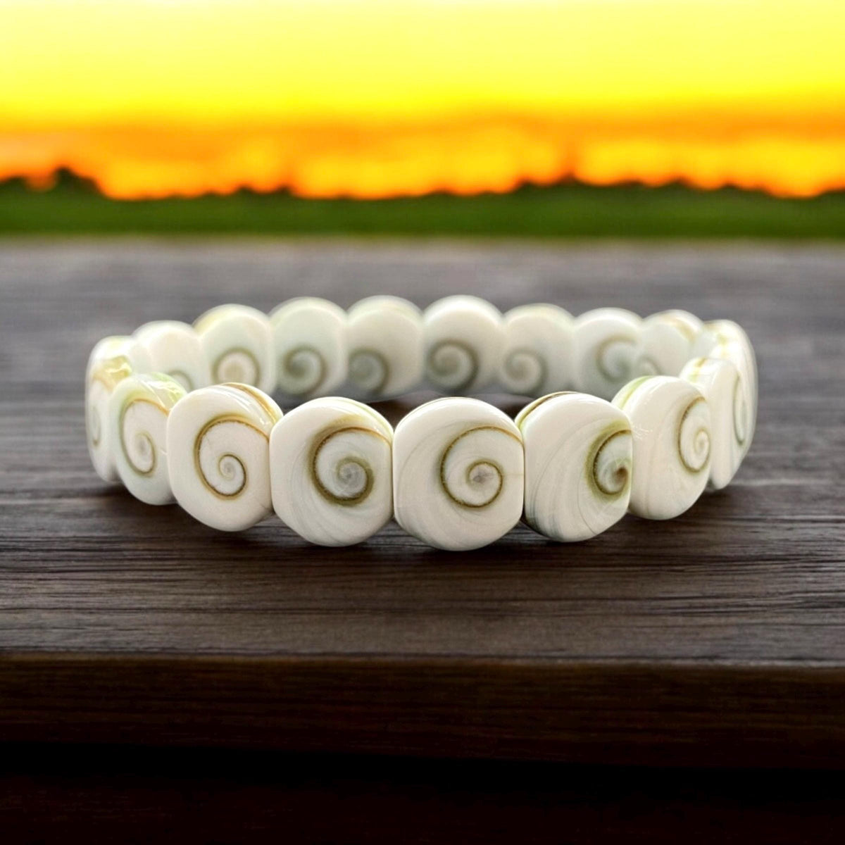 2in1 DOUBLET Shiva Eye Shell Beads Bracelet From Indo-Pacific (Symmetrical Spiral Pattern) Small Batch Production - Smooth 10X12mm