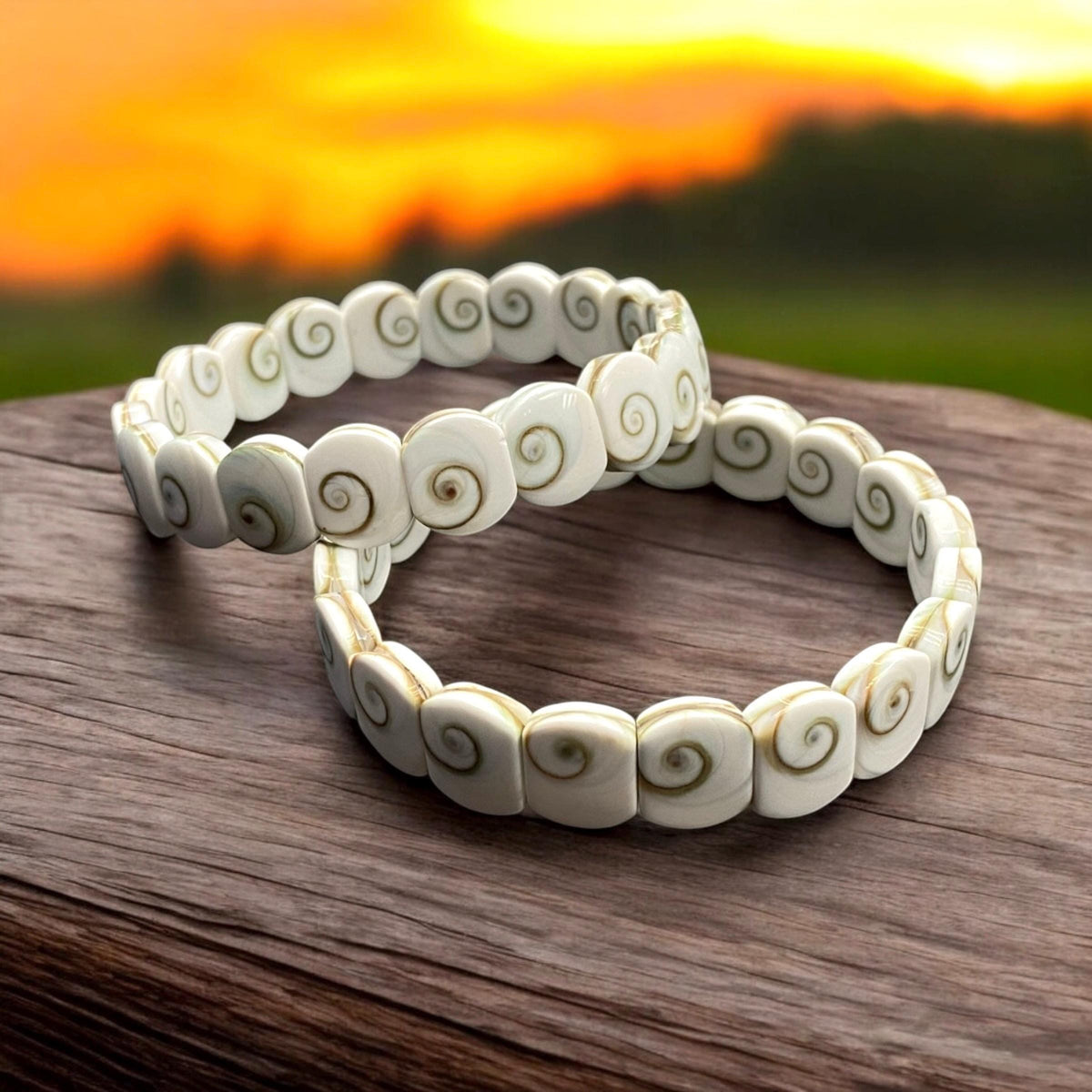 2in1 DOUBLET Shiva Eye Shell Beads Bracelet From Indo-Pacific (Symmetrical Spiral Pattern) Small Batch Production - Smooth 10X12mm