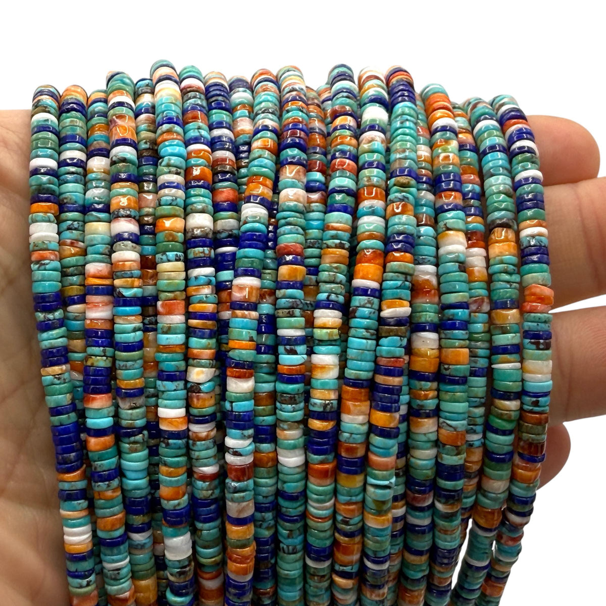 Tri-Color Spiny Oyster Shell + Turquoise + Lapis Lazuli Beads (Native American Style - Perfect Size For Men's Jewelry) AAA Heishi Tiny