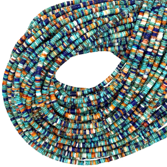 Tri-Color Spiny Oyster Shell + Turquoise + Lapis Lazuli Beads (Native American Style - Perfect Size For Men's Jewelry) AAA Heishi Tiny