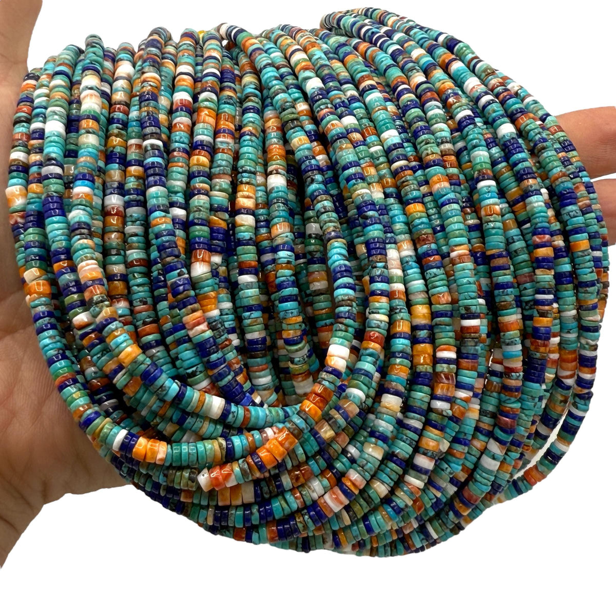Tri-Color Spiny Oyster Shell + Turquoise + Lapis Lazuli Beads (Native American Style - Perfect Size For Men's Jewelry) AAA Heishi Tiny