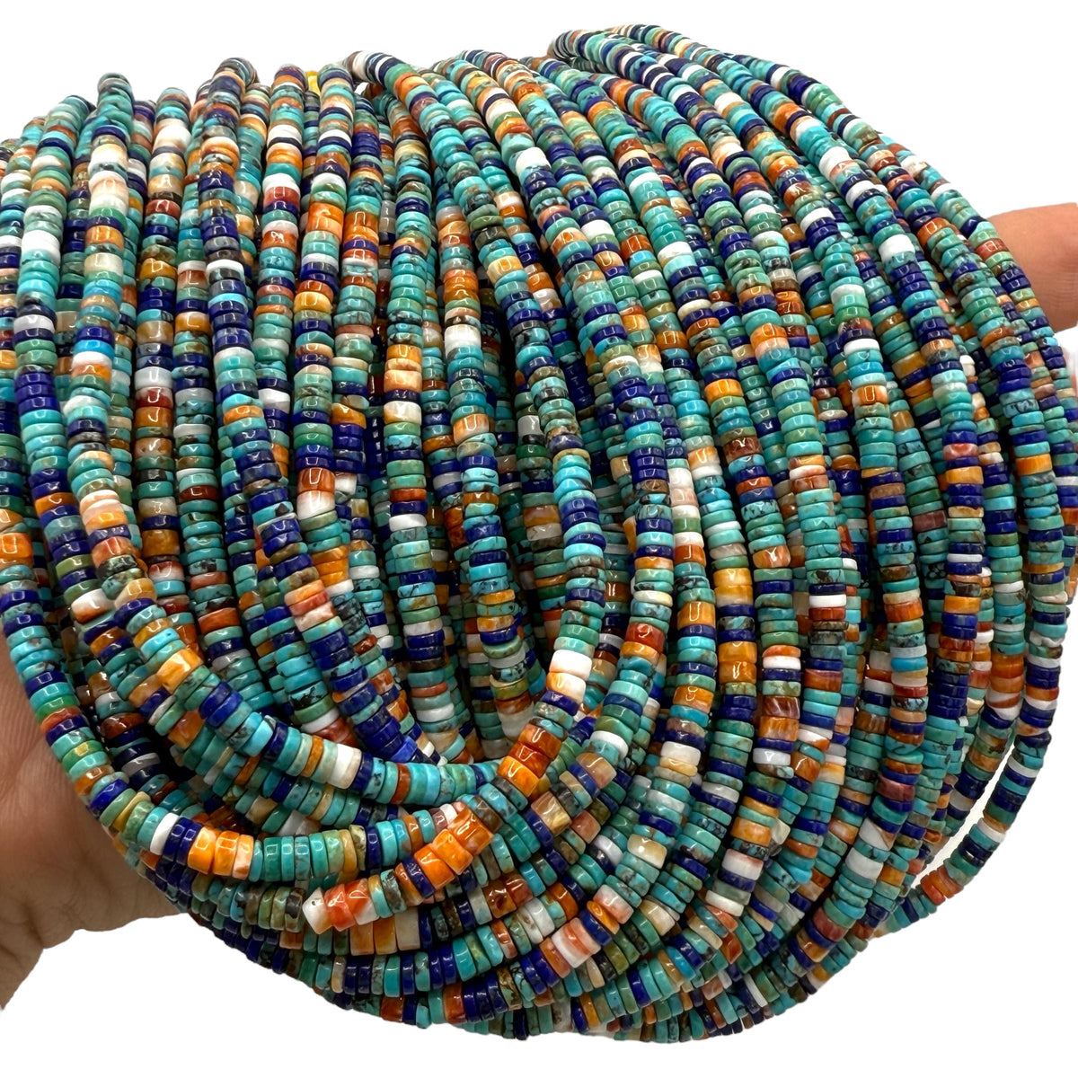 Tri-Color Spiny Oyster Shell + Turquoise + Lapis Lazuli Beads (Native American Style - Perfect Size For Men's Jewelry) AAA Heishi Tiny