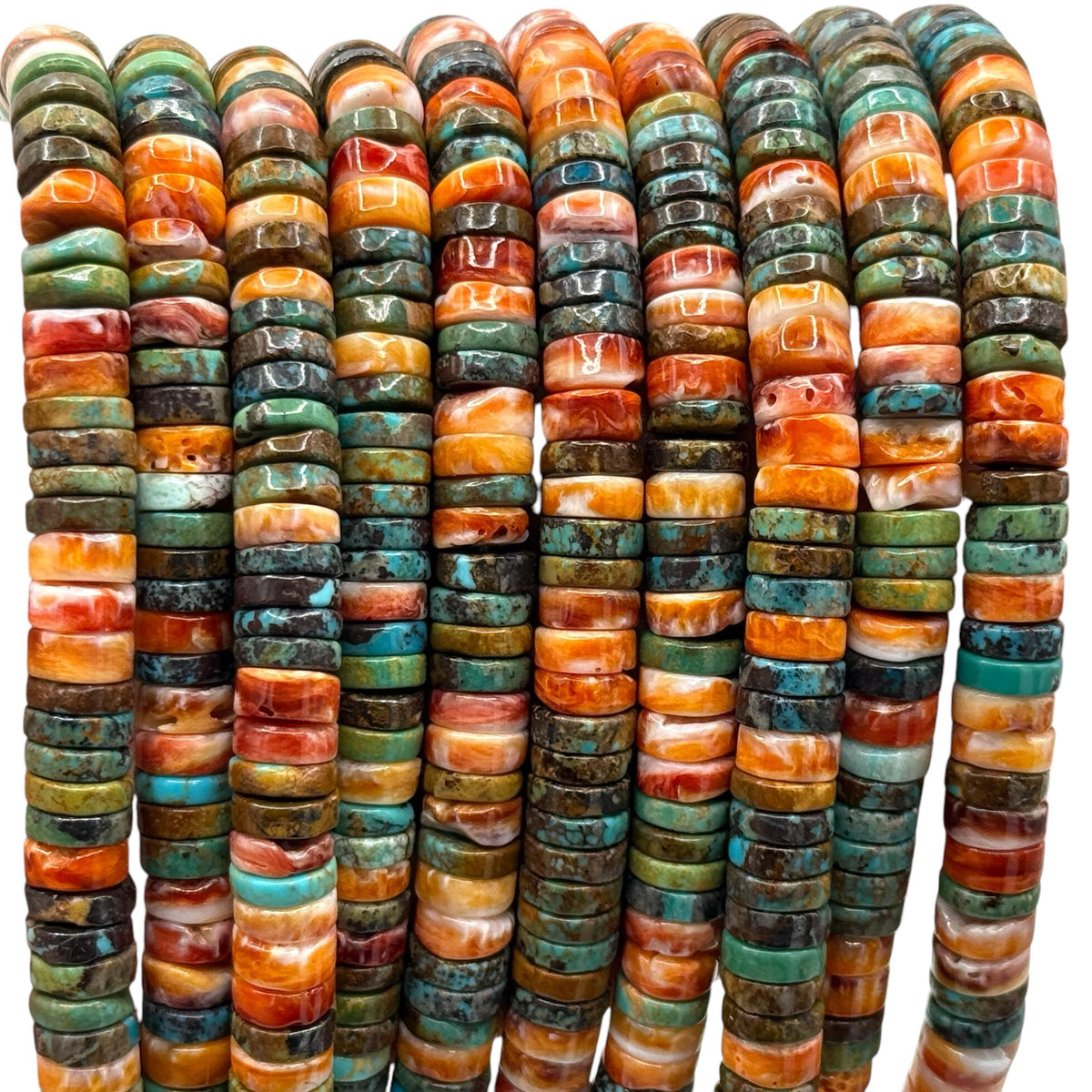 DARKEST Spiny Oyster Shell & Turquoise Beads AAA - 100% Natural - Never Dyed or Color Enhanced - Native American Style - Smooth Heishi 10mm