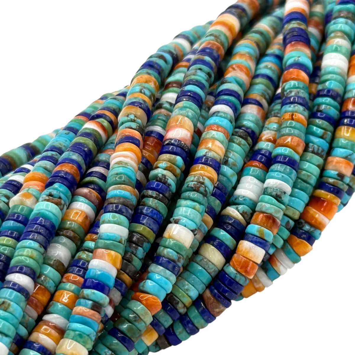 Tri-Color Spiny Oyster Shell + Turquoise + Lapis Lazuli Beads (Native American Style - Perfect Size For Men's Jewelry) AAA Heishi Tiny