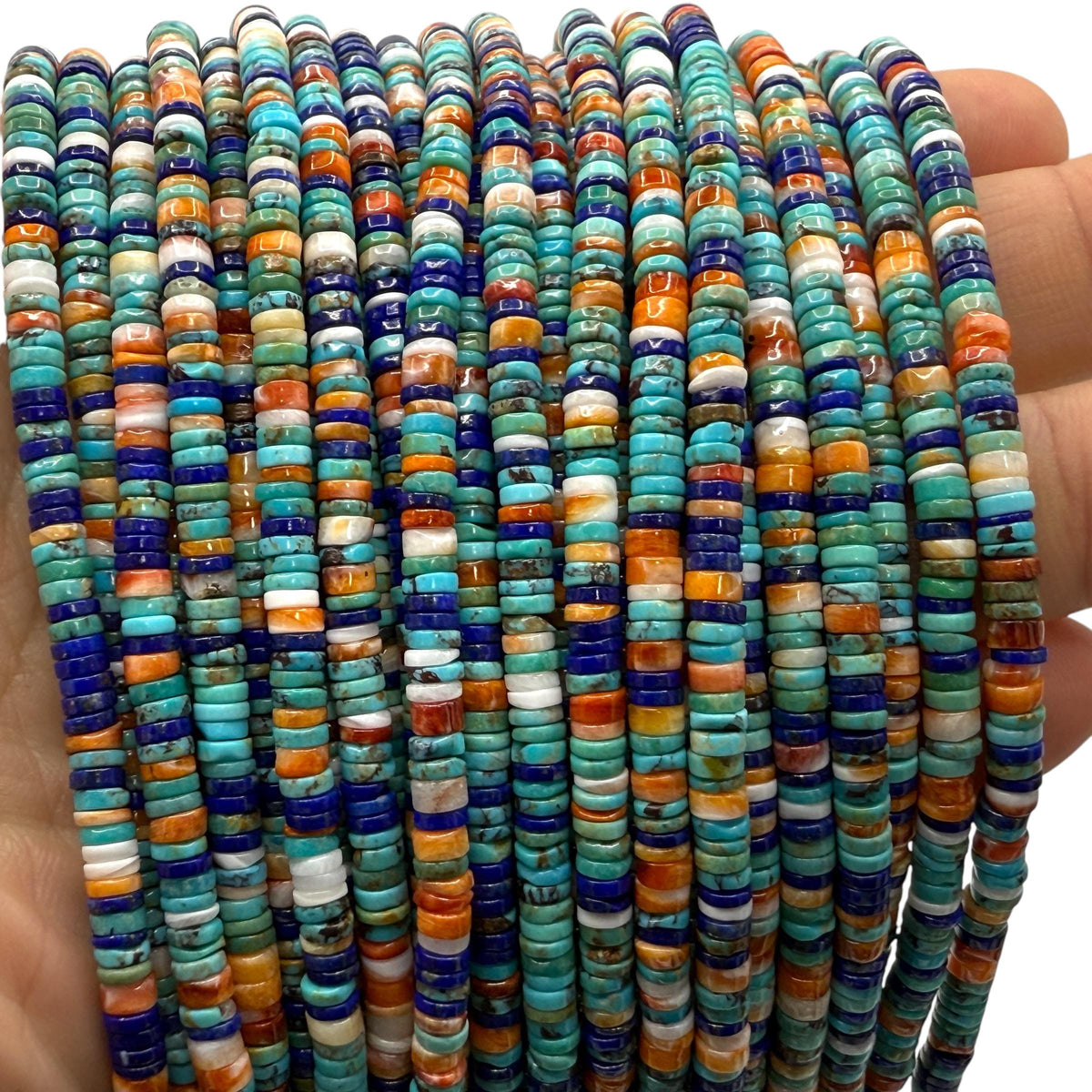 Tri-Color Spiny Oyster Shell + Turquoise + Lapis Lazuli Beads (Native American Style - Perfect Size For Men's Jewelry) AAA Heishi Tiny