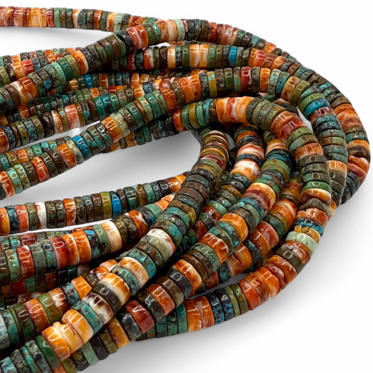DARKEST Spiny Oyster Shell & Turquoise Beads AAA - 100% Natural - Never Dyed or Color Enhanced - Native American Style - Smooth Heishi 10mm
