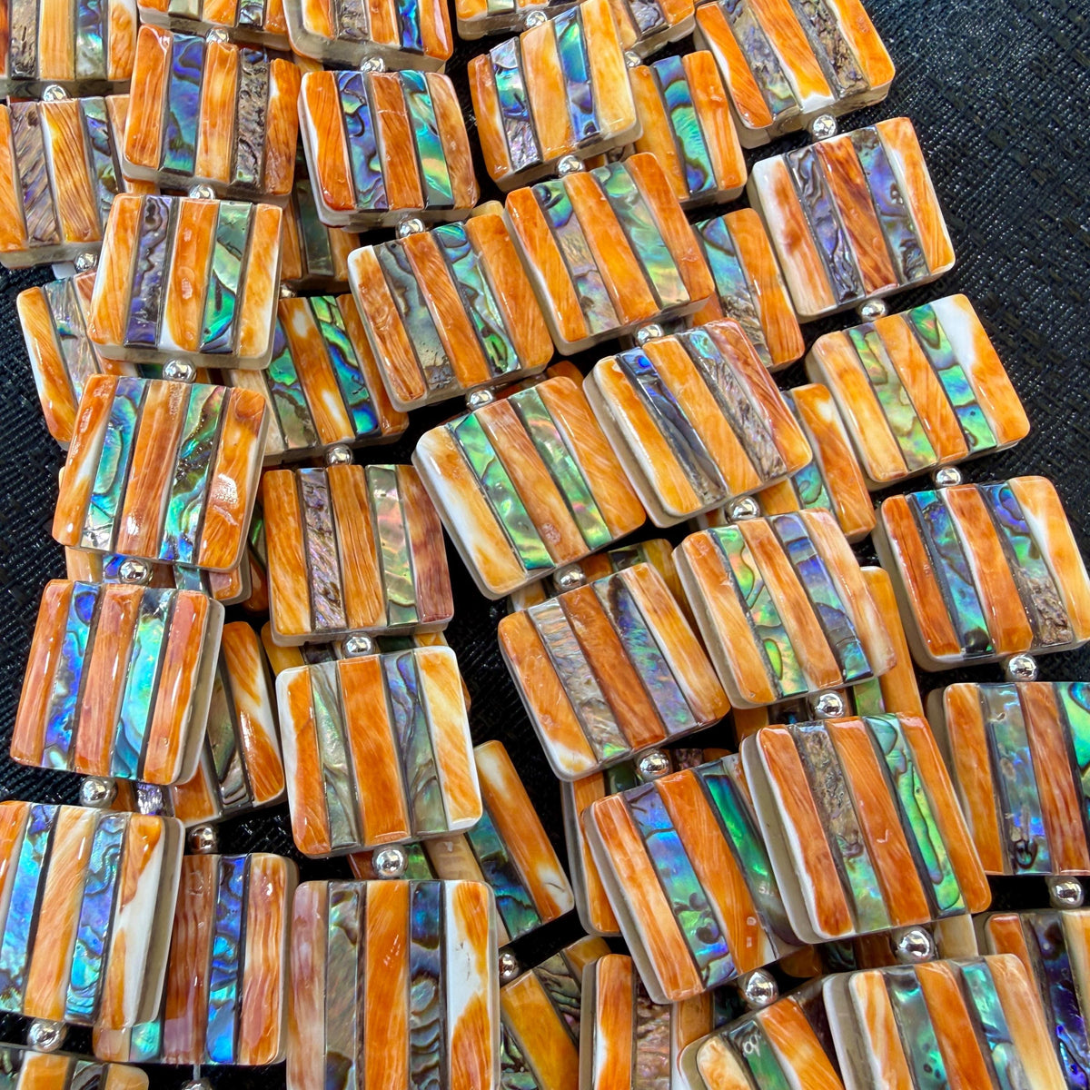 Spiny Oyster Shell Beads & Abalone Shell Inlay Beads - 3D Groove Texture Surface - Native American Style - Double Sided 20mm Square (G501)