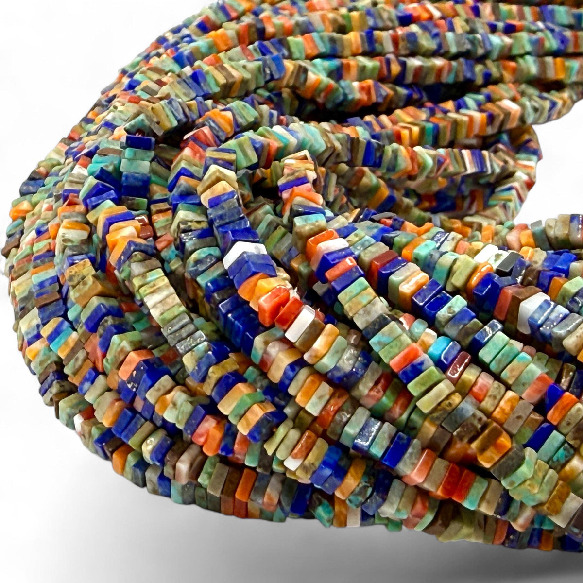 WOW Darkest Spiny Oyster Shell, Turquoise & Lapis Beads AAA - Never Dyed or Color Enhanced - Native American Style - Square Heishi 3mm Tiny