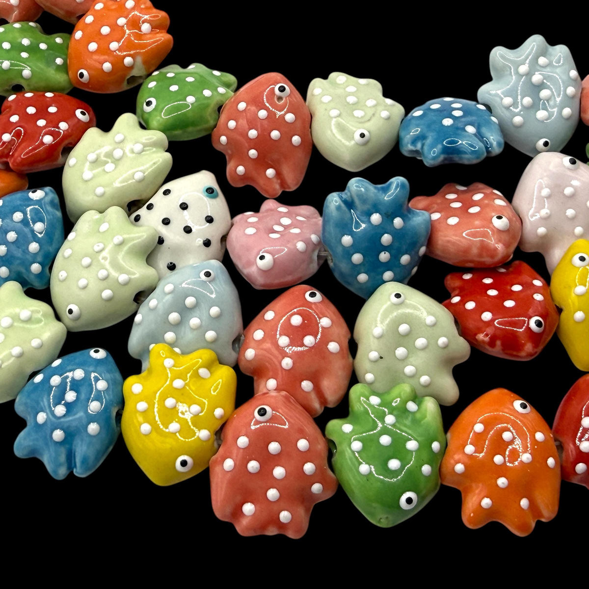 Hawaiian Tropical Fish Beads - Porcelain Ceramic - 3D Raised White Dot Glaze - Rich Vibrant Colors - 25 pcs 16X20mm