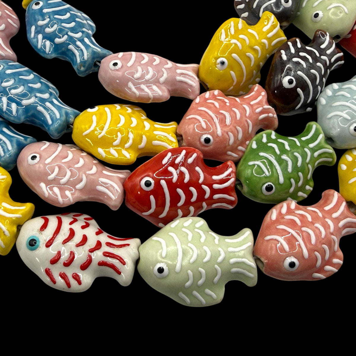 Hawaiian Tropical Fish Beads - Porcelain Ceramic - 3D Raised Scale Glaze Detailing - Rich Vibrant Colors - 15 pcs - 20X27mm