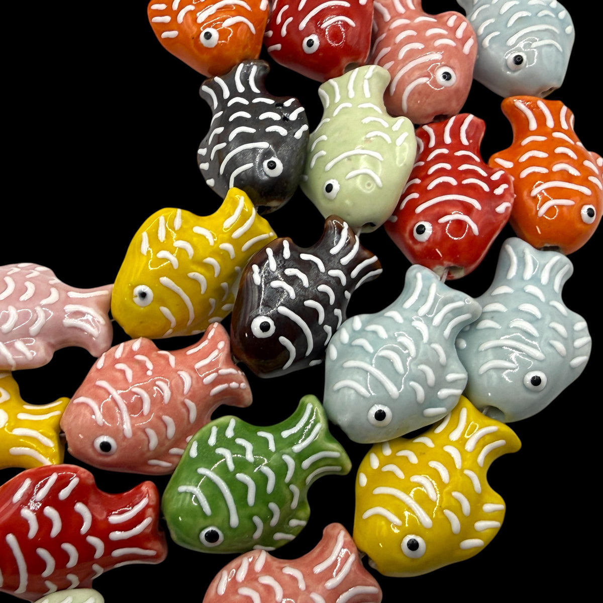 Hawaiian Tropical Fish Beads - Porcelain Ceramic - 3D Raised Scale Glaze Detailing - Rich Vibrant Colors - 15 pcs - 20X27mm
