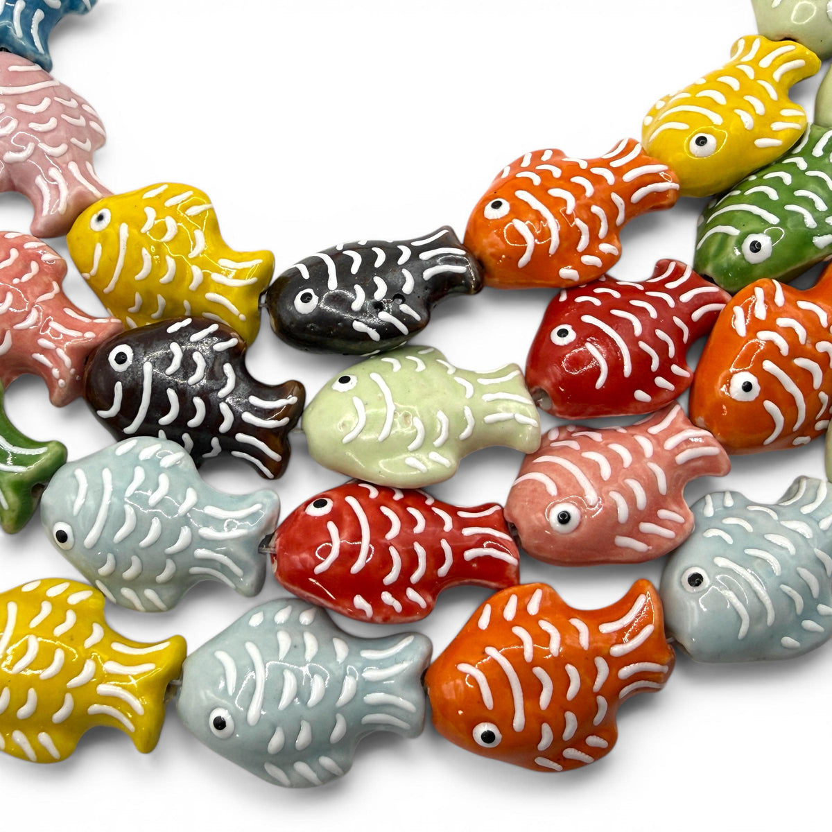 Hawaiian Tropical Fish Beads - Porcelain Ceramic - 3D Raised Scale Glaze Detailing - Rich Vibrant Colors - 15 pcs - 20X27mm