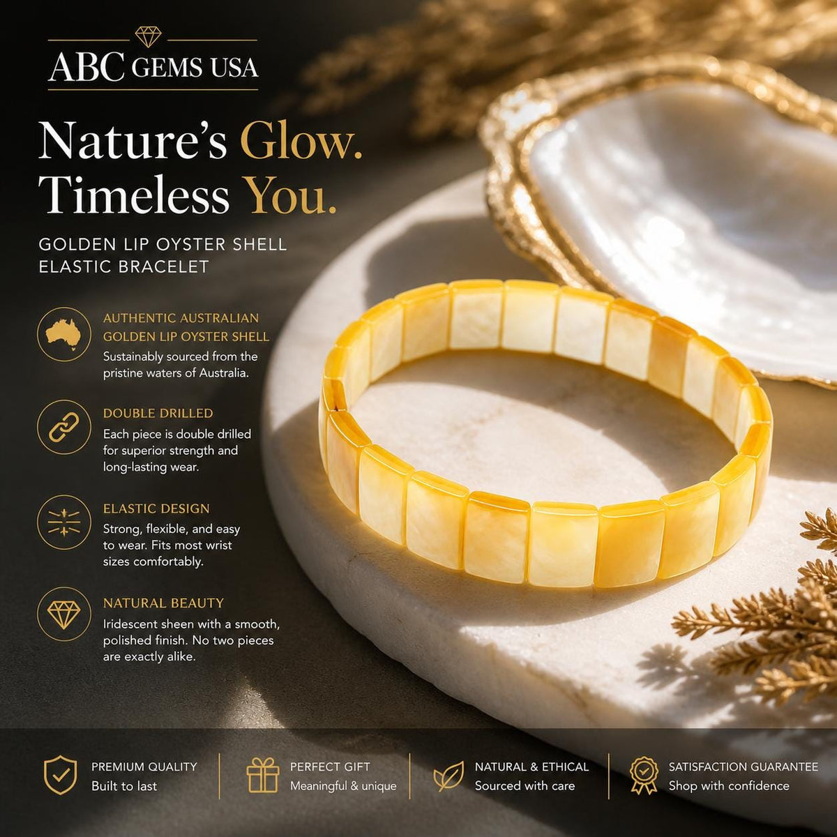 AAA Golden Oyster Shell Beads Bracelet Australia - Never Dyed or Color Enhanced - Small Batch Production - Mirror Polish - 7X10mm (7 Inches)