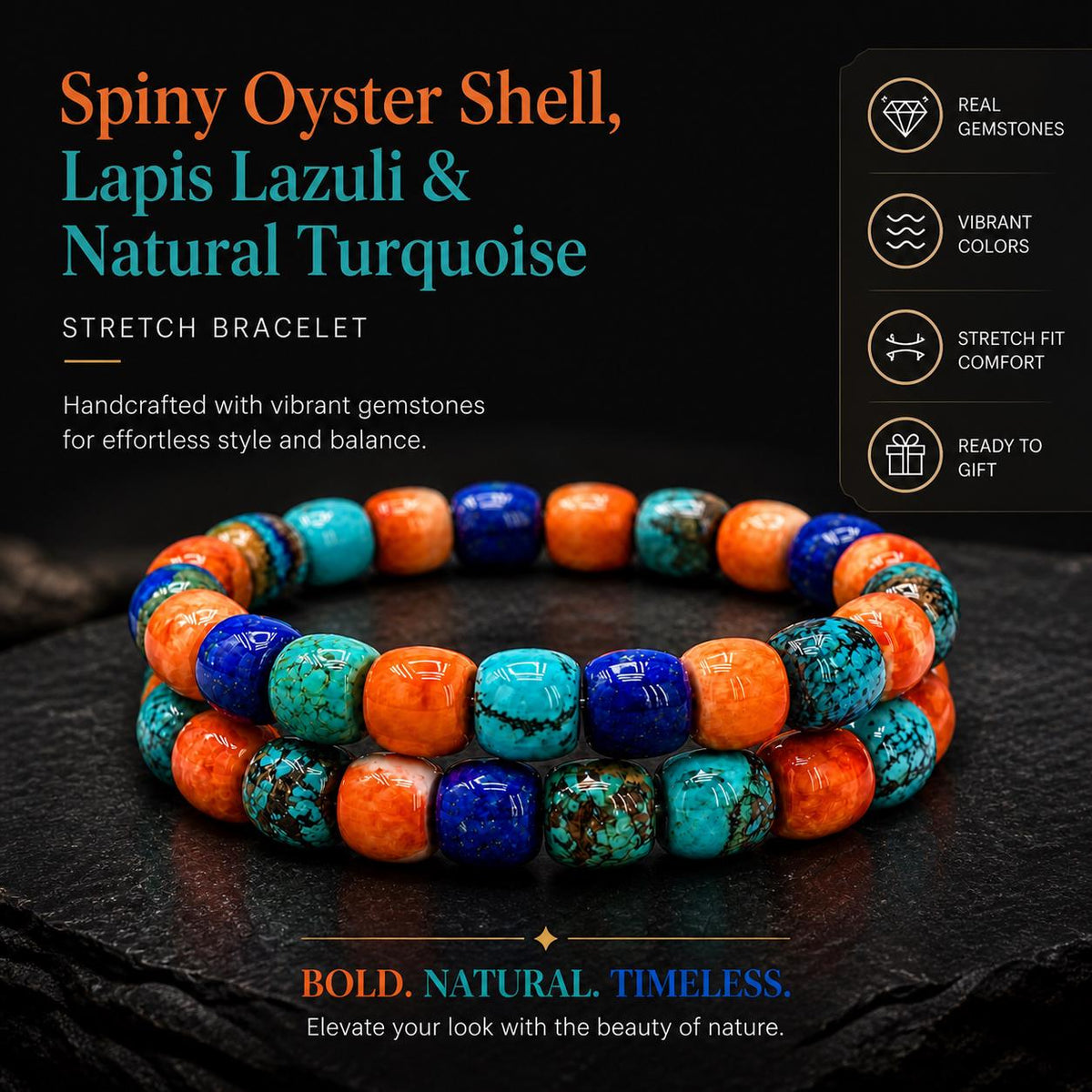 WOW Native Style Bracelet - Spiny Oyster Shell, Arizona Turquoise & Lapis Beads - AAA Never Dyed or Color Enhanced - Small Batch Production