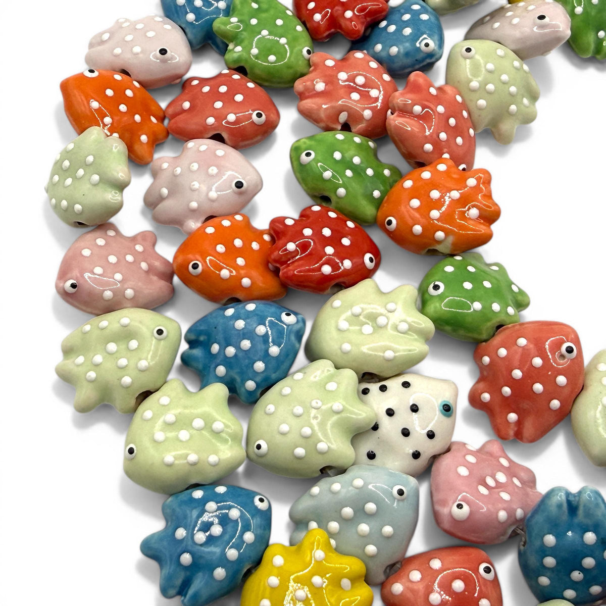 Hawaiian Tropical Fish Beads - Porcelain Ceramic - 3D Raised White Dot Glaze - Rich Vibrant Colors - 25 pcs 16X20mm