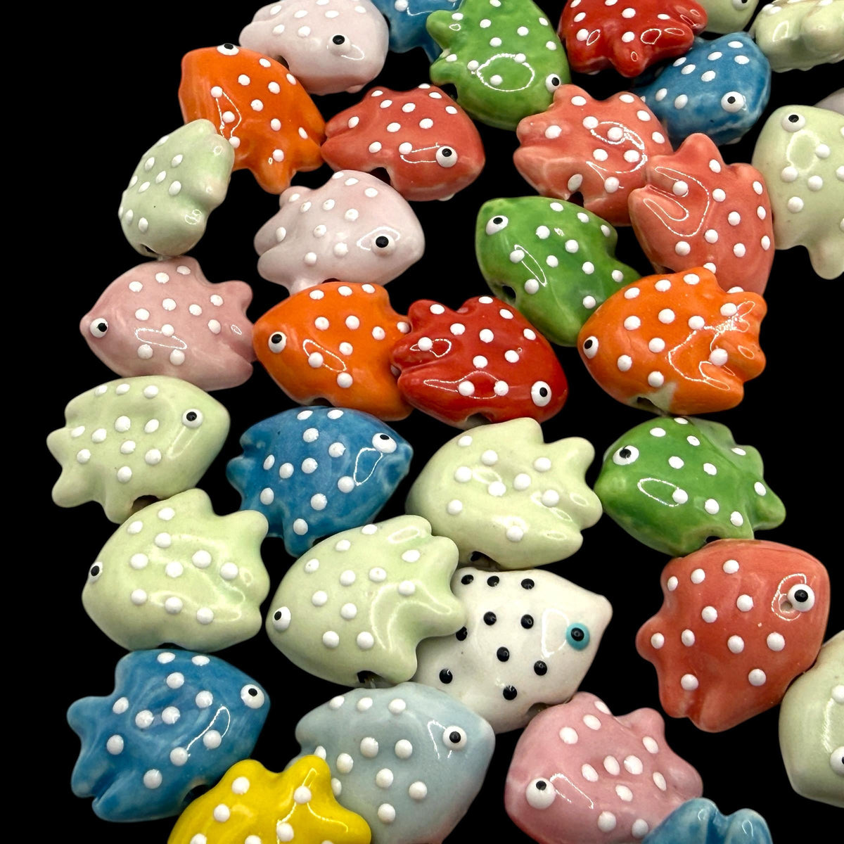 Hawaiian Tropical Fish Beads - Porcelain Ceramic - 3D Raised White Dot Glaze - Rich Vibrant Colors - 25 pcs 16X20mm