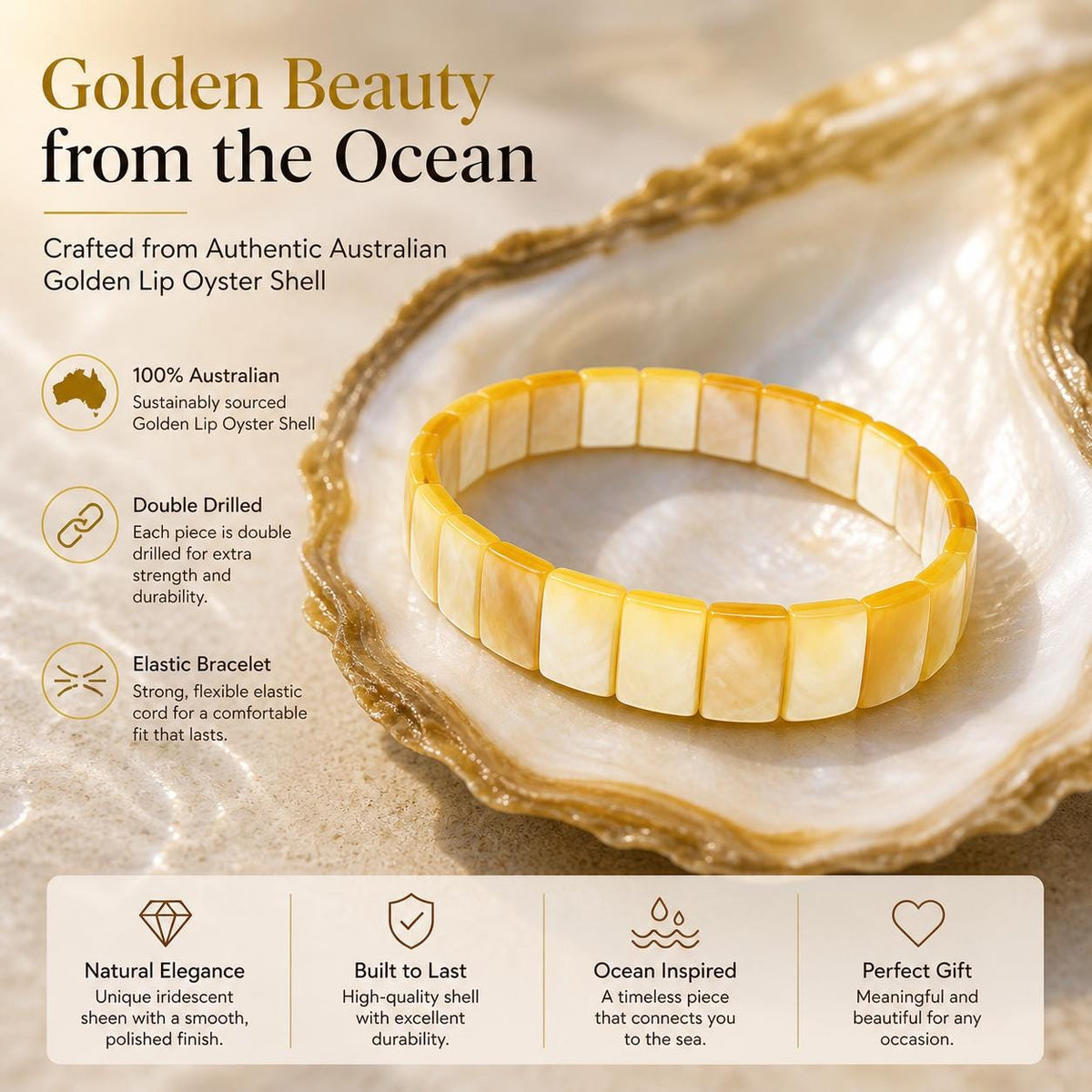 AAA Golden Oyster Shell Beads Bracelet Australia - Never Dyed or Color Enhanced - Small Batch Production - Mirror Polish - 7X10mm (7 Inches)