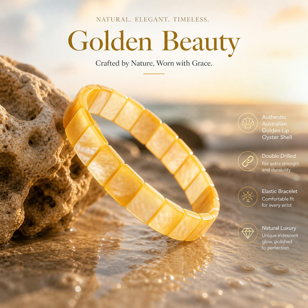 AAA Golden Oyster Shell Beads Bracelet Australia - Never Dyed or Color Enhanced - Small Batch Production - Mirror Polish - 7X10mm (7 Inches)