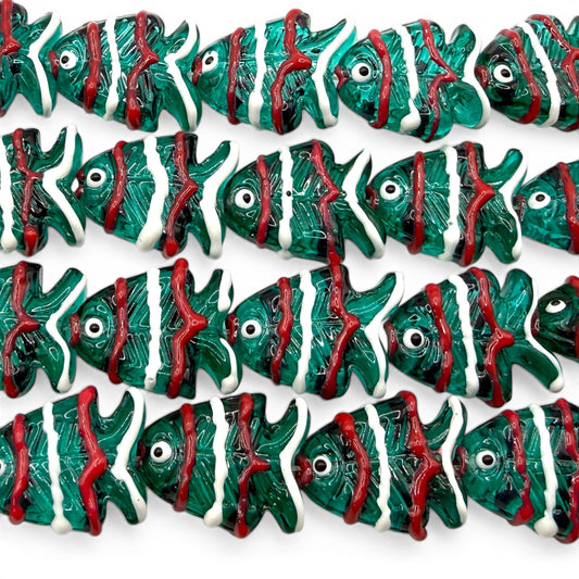 Hawaiian Tropical Fish Beads - Porcelain Ceramic - 3D Green Base with Raised Glaze Detailing - Rich Vibrant Colors - 18 pcs 18X23mm