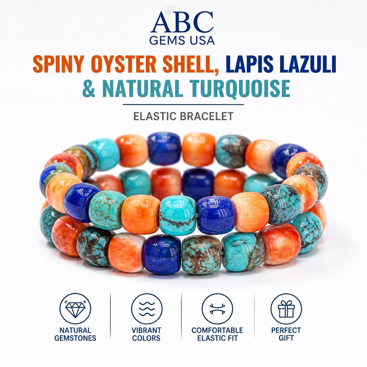 WOW Native Style Bracelet - Spiny Oyster Shell, Arizona Turquoise & Lapis Beads - AAA Never Dyed or Color Enhanced - Small Batch Production