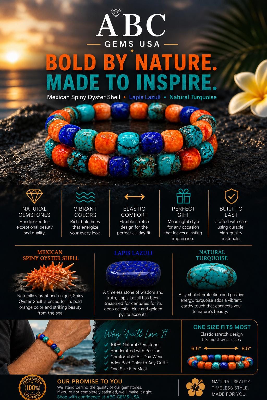 WOW Native Style Bracelet - Spiny Oyster Shell, Arizona Turquoise & Lapis Beads - AAA Never Dyed or Color Enhanced - Small Batch Production