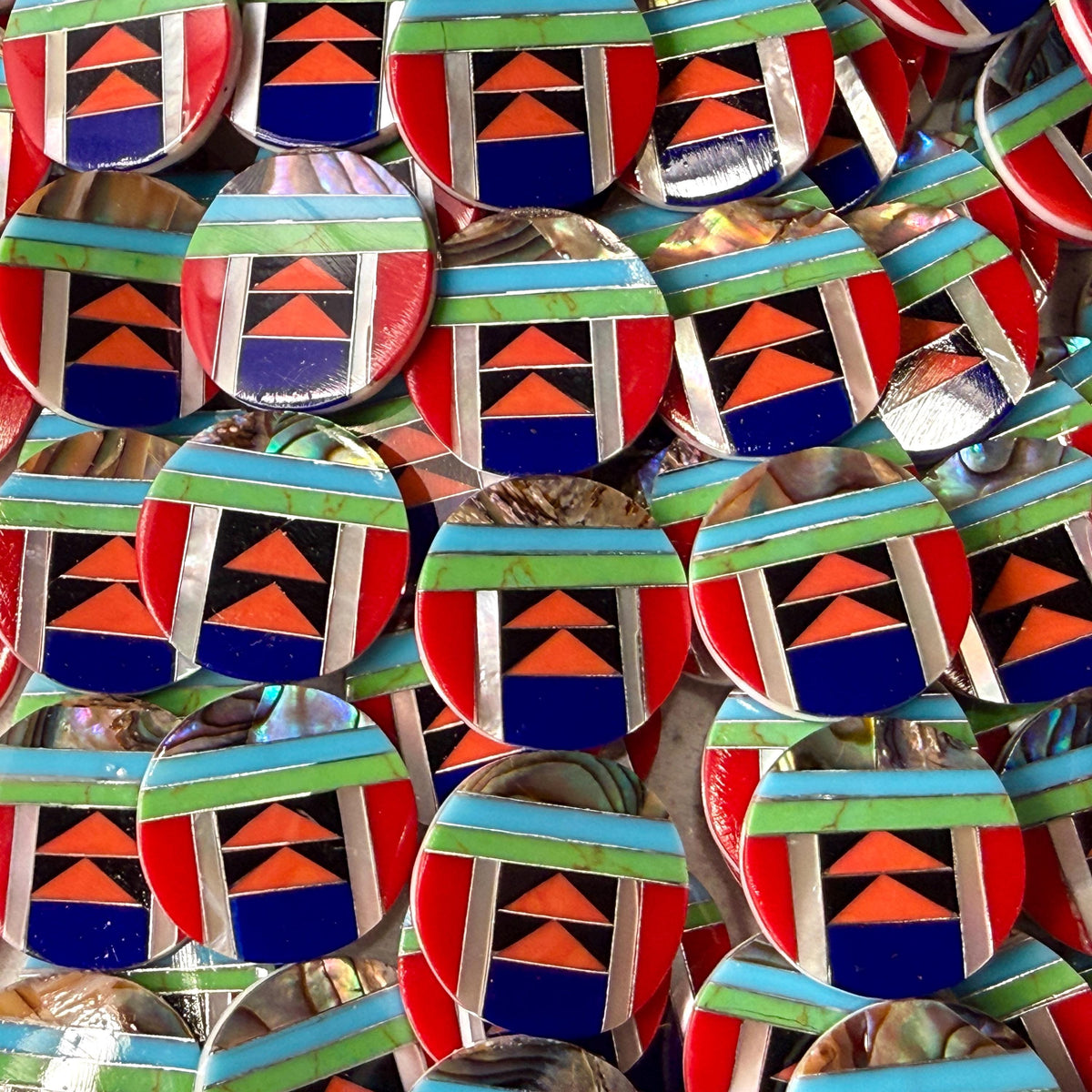 Native Style Inlay Beads - Spiny Oyster Shell, Lapis, Turquoise, Coral, Abalone & Mother of Pearl - Double Sided 20mm Coin - 10 Beads (F401)