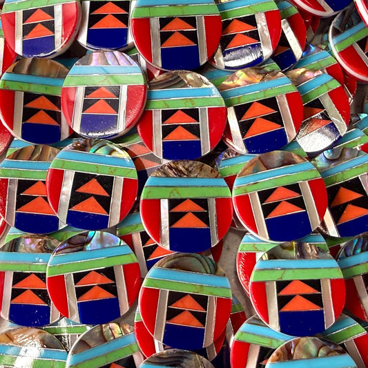 Native Style Inlay Beads - Spiny Oyster Shell, Lapis, Turquoise, Coral, Abalone & Mother of Pearl - Double Sided 20mm Coin - 10 Beads (F401)