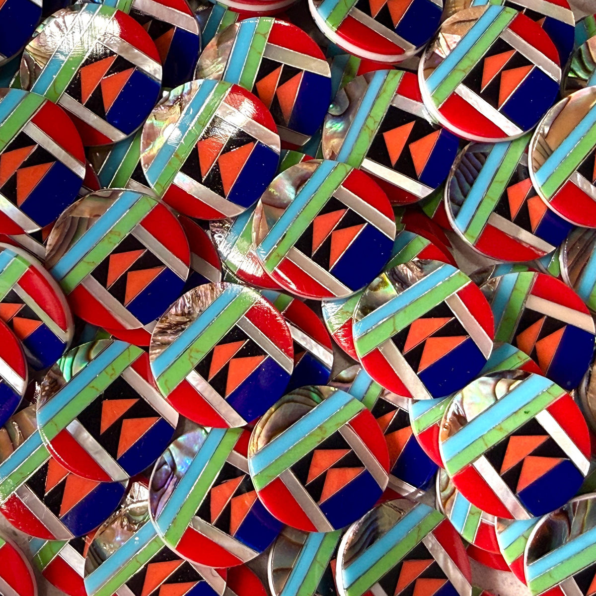 Native Style Inlay Beads - Spiny Oyster Shell, Lapis, Turquoise, Coral, Abalone & Mother of Pearl - Double Sided 20mm Coin - 10 Beads (F401)