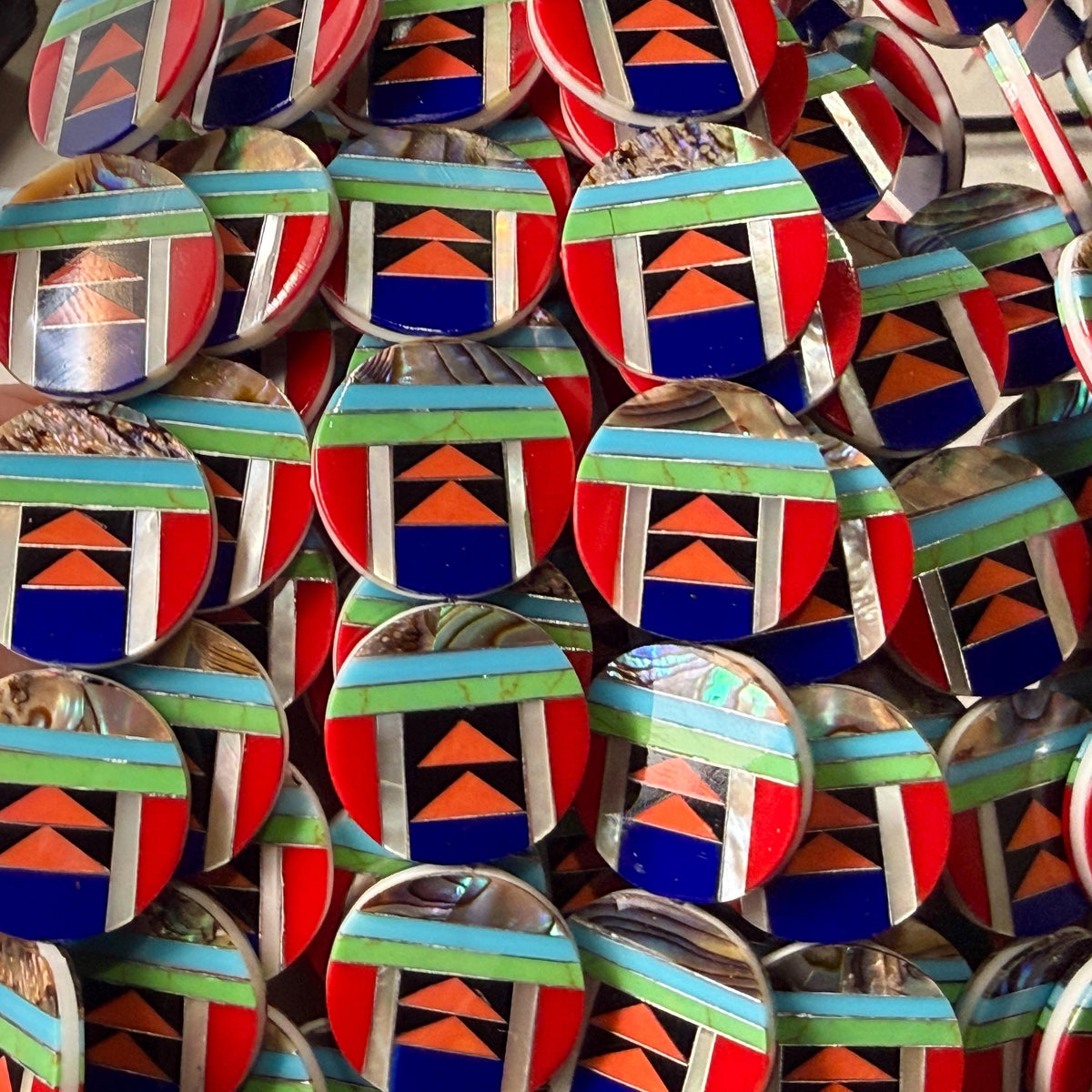 Native Style Inlay Beads - Spiny Oyster Shell, Lapis, Turquoise, Coral, Abalone & Mother of Pearl - Double Sided 20mm Coin - 10 Beads (F401)